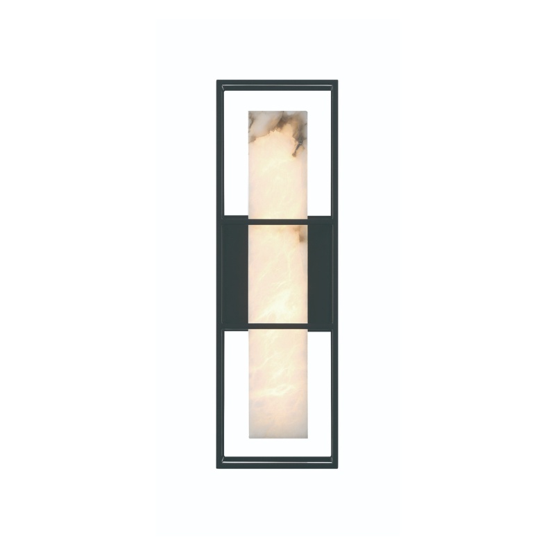 Modern vertical wall sconce featuring a sleek black frame and three rectangular light panels with a marble texture, designed for contemporary interior decor.