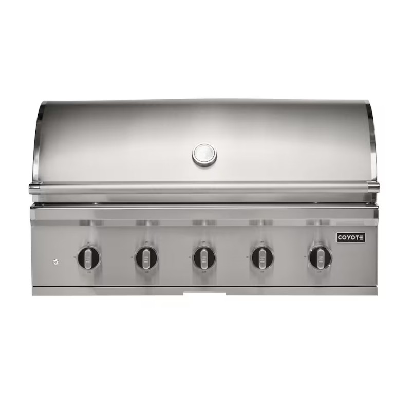 Stainless steel Coyote outdoor grill with a sleek design, featuring five control knobs and a rounded lid. Perfect for backyard barbecues and outdoor cooking.