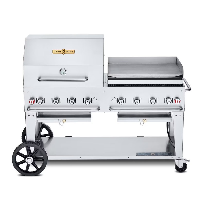 Stainless steel commercial grill with multiple burners and a flat top cooking surface, mounted on wheels for mobility.