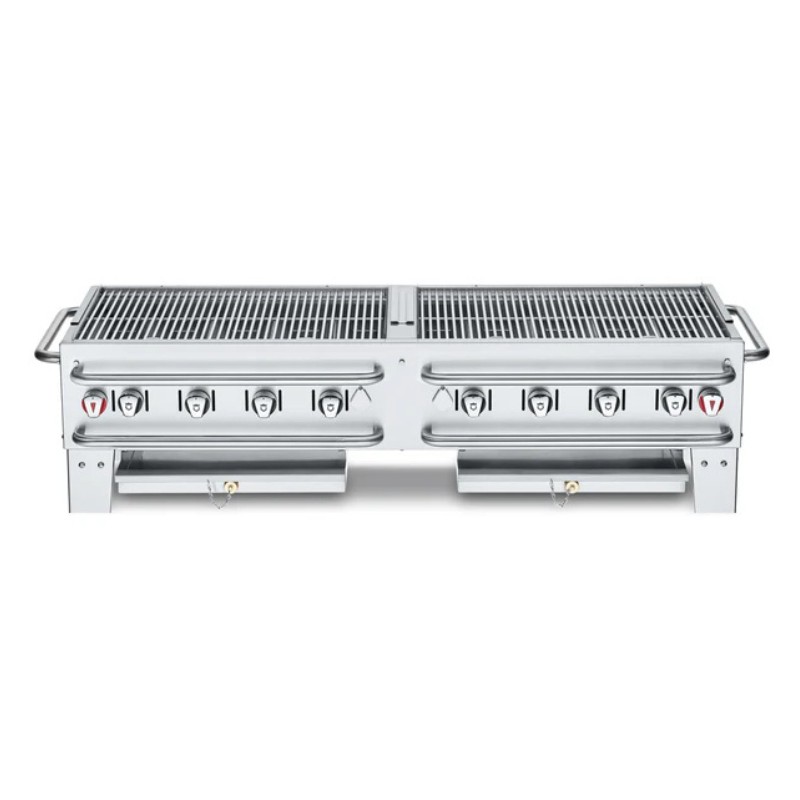Stainless steel double gas grill with six burners and adjustable temperature controls, designed for outdoor cooking and barbecue.