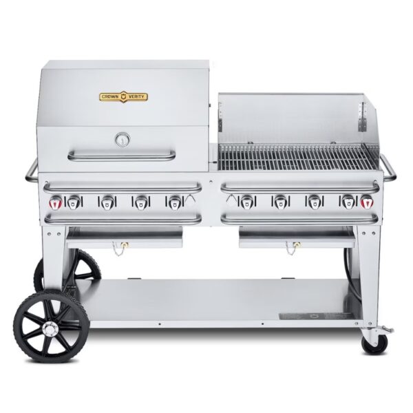 Stainless steel outdoor gas grill with multiple burners, side shelves, and large wheels for easy mobility.