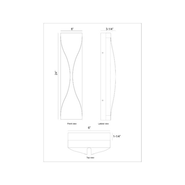 Line drawing of a decorative light fixture with dimensions labeled: 24 inches tall, 6 inches wide, and 3-1/4 inches deep, showing front, lateral, and top views.