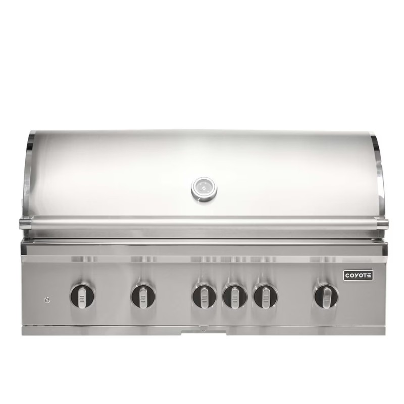 Stainless steel outdoor grill with five control knobs and a sleek, curved lid, ideal for backyard barbecues.