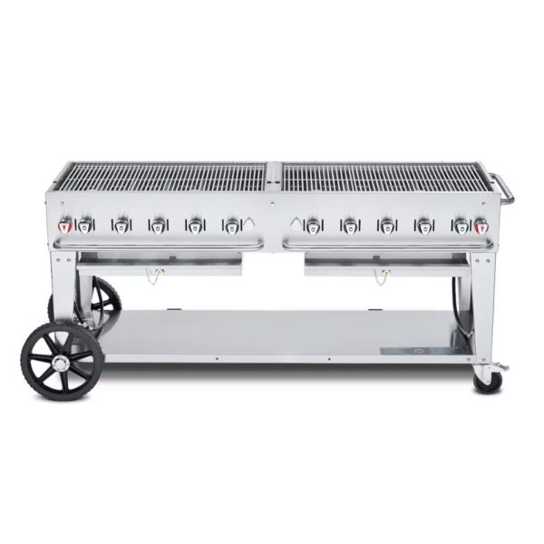 Stainless steel commercial grill with multiple burners, two cooking surfaces, and wheels for mobility. Ideal for outdoor cooking and barbecues.