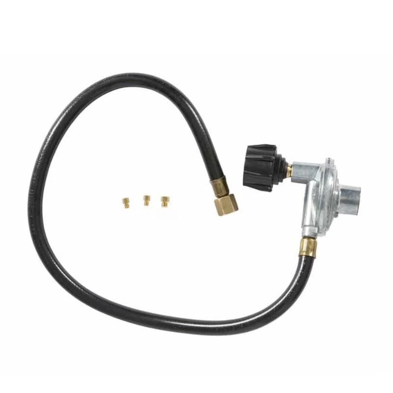 6b3c4dff-c7da-40ba-87f0-0f727bb194c5.jpg Gas regulator with hose and brass fittings for propane or natural gas systems.