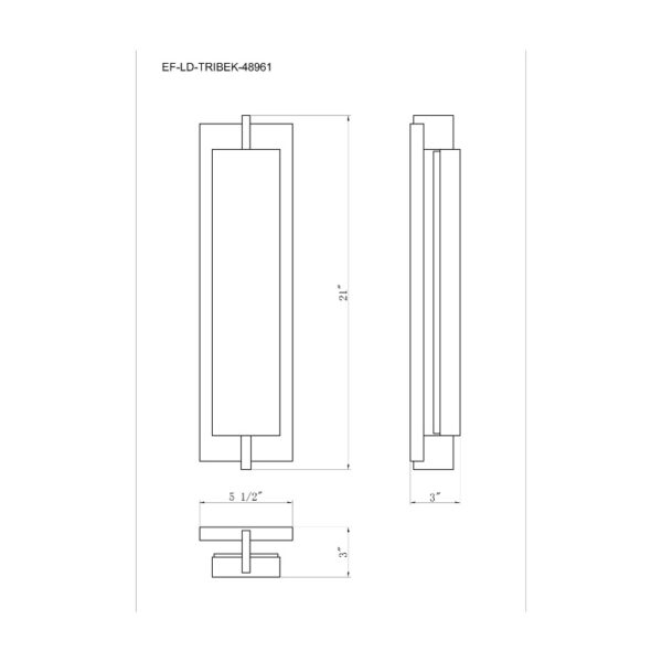 Diagram of a modern light fixture with dimensions: 21 inches tall, 5.5 inches wide, and 3 inches deep. Detailed front and side views included.