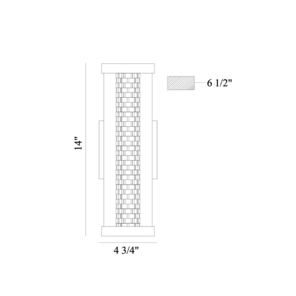 Diagram of a vertical object measuring 14 inches in height and 4.75 inches in width, featuring a woven texture and side support brackets, with an additional measurement of 6.5 inches shown.