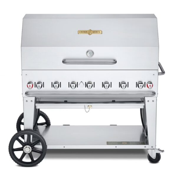 Stainless steel outdoor grill with multiple burners and a built-in thermometer, featuring a sturdy cart with wheels for easy mobility.