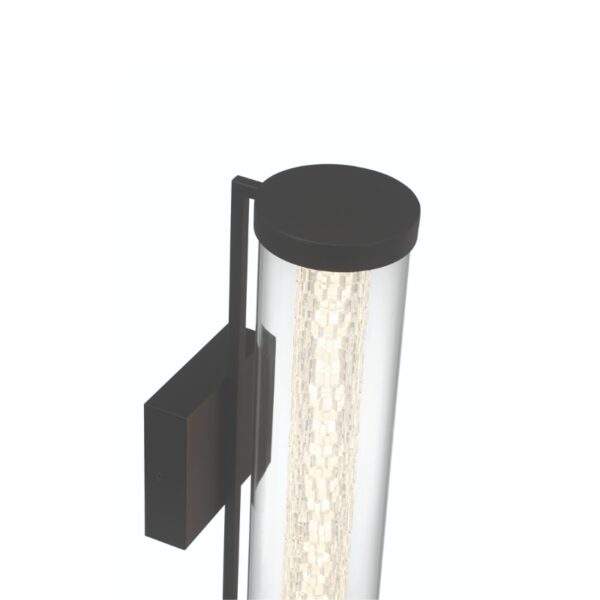 Modern wall-mounted light fixture with a sleek black base and a cylindrical glass cover, showcasing a luminous vertical light design.