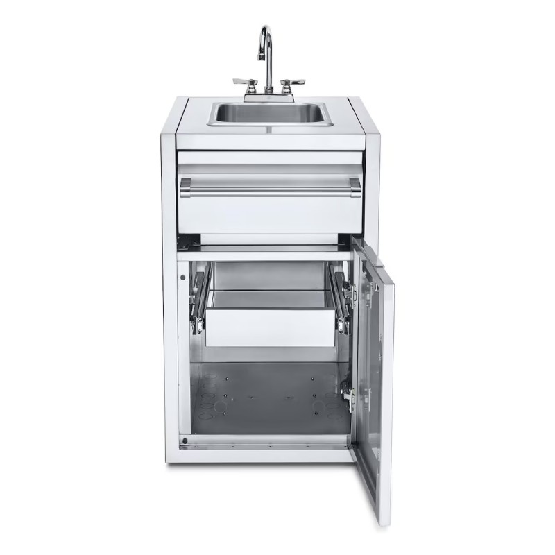 Stainless steel outdoor kitchen sink unit with a single bowl, two drawers, and an open cabinet for storage.