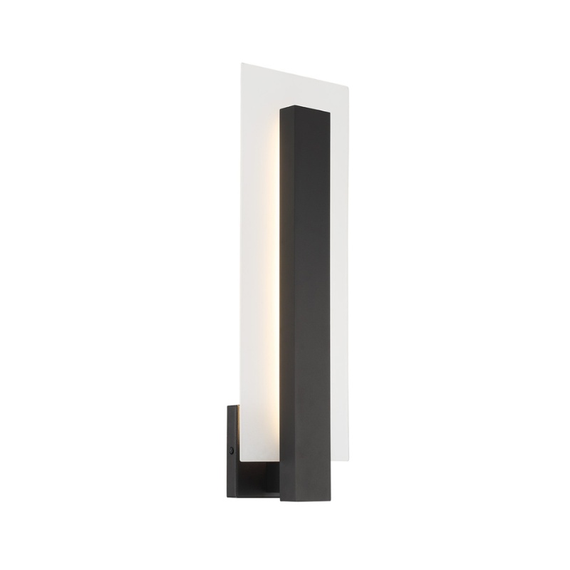 Modern black wall sconce with a vertical design, featuring an integrated LED light and a white backing panel. Ideal for contemporary home decor.