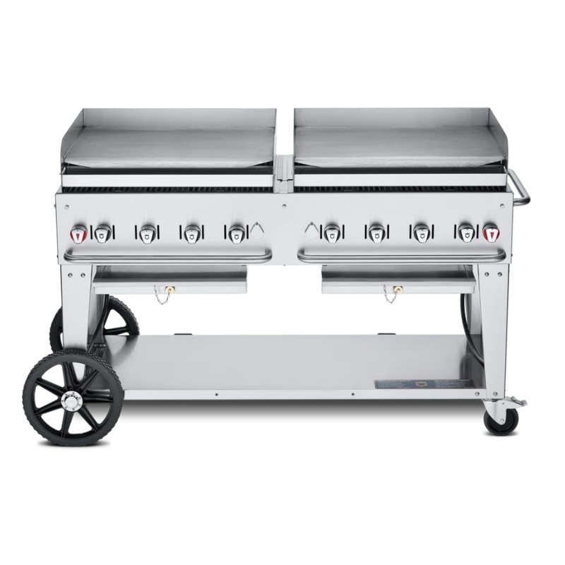 732ac072-0900-4602-bfc5-d0510d0fc714.jpg Stainless steel commercial griddle with two cooking surfaces, multiple burners, and wheels for mobility. Ideal for outdoor cooking and catering.