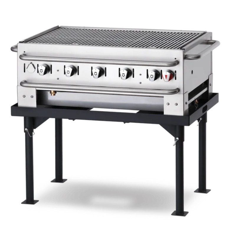 Stainless steel commercial grill with adjustable temperature knobs and sturdy black legs. Ideal for outdoor cooking and barbecues.