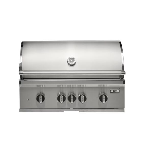 Stainless steel outdoor gas grill with five control knobs and a sleek, curved lid, designed for efficient cooking and durability.
