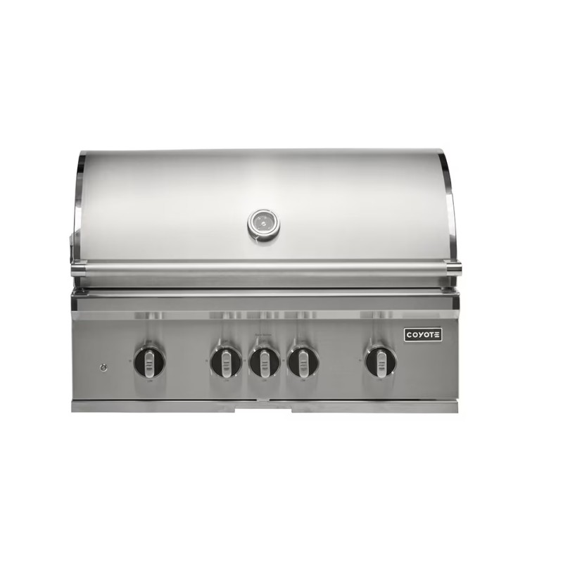 Stainless steel outdoor gas grill with five control knobs and a sleek, curved lid, designed for efficient cooking and durability.
