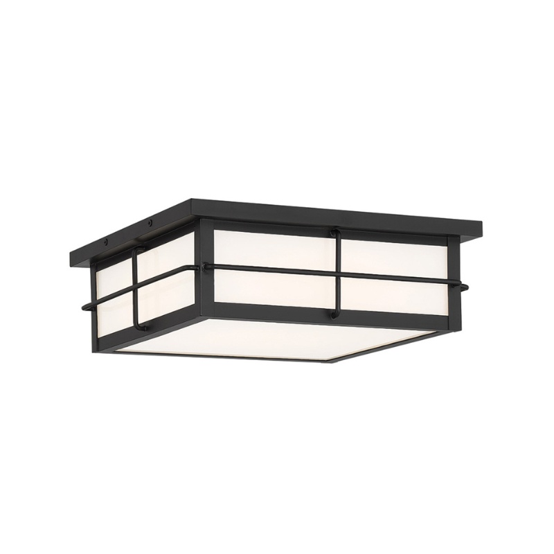 Flush mount ceiling light with a black metal frame and white glass panels, ideal for modern and contemporary home decor.
