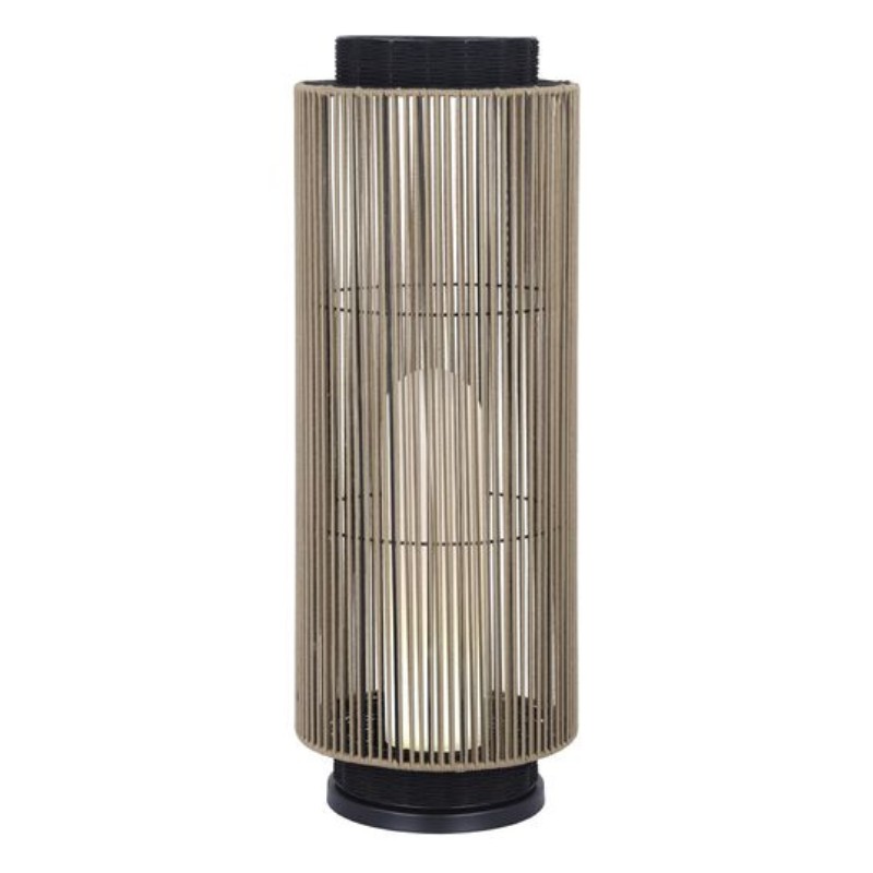 Modern decorative lamp with vertical metal slats and a circular base, providing ambient light in a stylish design.
