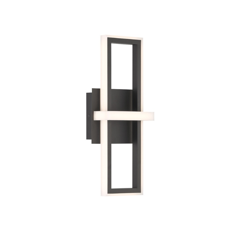 Modern wall sconce with a geometric design, featuring a black finish and integrated LED lighting.