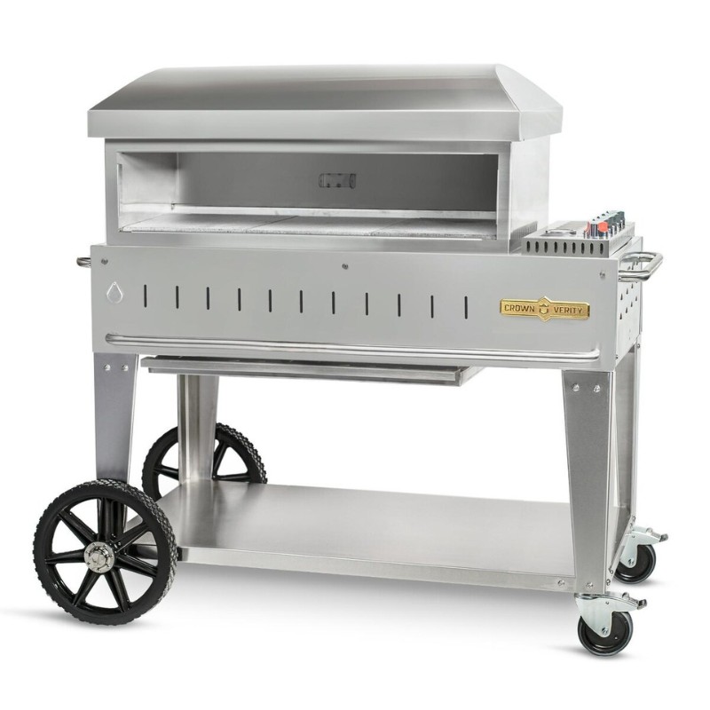 Stainless steel commercial grill with a hood, side shelves, and wheels for mobility, designed for outdoor cooking.