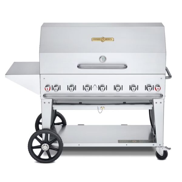 Stainless steel outdoor gas grill with multiple burners and side shelf, featuring large wheels for easy mobility.