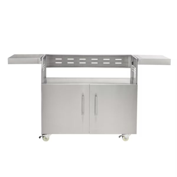 Stainless steel kitchen cart with two doors, open shelves, and extendable side tables on wheels for easy mobility.