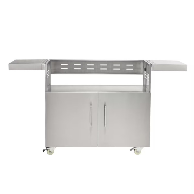 7da6a208-fad9-4497-8108-878d2f730646.jpg Stainless steel kitchen cart with two doors, open shelves, and extendable side tables on wheels for easy mobility.