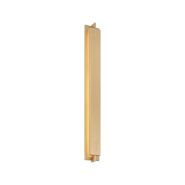 Sleek gold wall sconce with a minimalistic design, featuring a warm LED light that illuminates vertically. Suitable for modern interior decor.