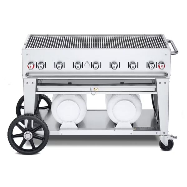 Heavy-duty outdoor gas grill with multiple burners and two propane tanks, featuring a stainless steel design and sturdy wheels for mobility.