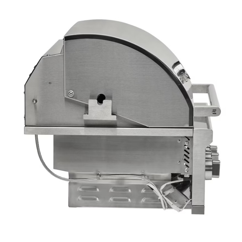 Stainless steel outdoor grill with a sleek design, showcasing the side profile and control panel for temperature adjustments.