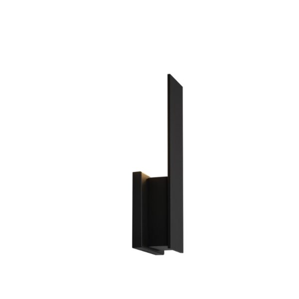 Modern vertical black wall sconce with a minimalist design and warm light.