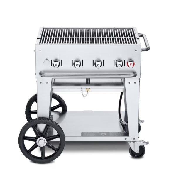 Stainless steel gas grill with multiple burners and wheels for easy mobility, designed for outdoor cooking.