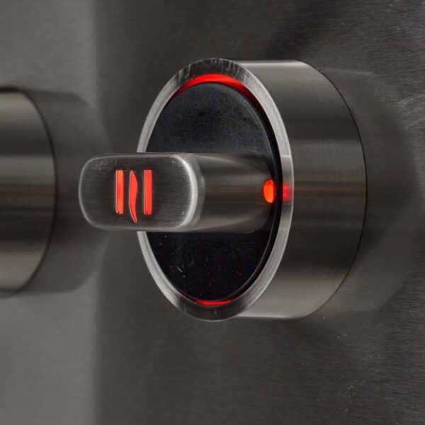 Close-up of a metallic control knob with a red illuminated indicator, set against a brushed steel background, suggesting functionality and modern design.
