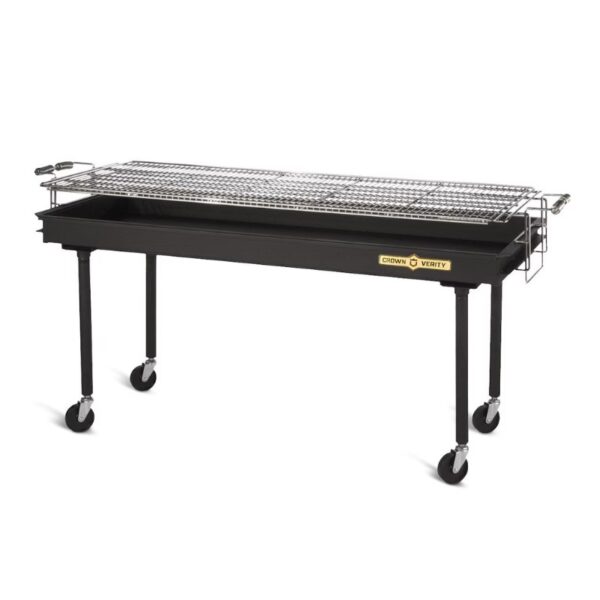 Commercial outdoor grill with a large cooking surface, black finish, and wheels for mobility. Ideal for barbecues and catering events.