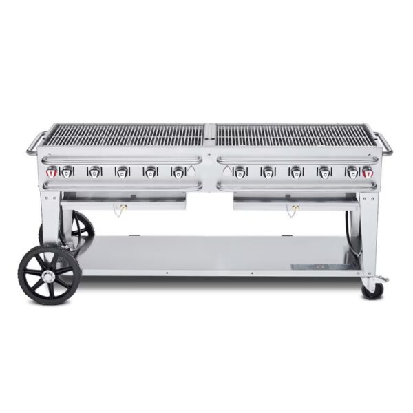 Stainless steel outdoor grill with multiple burners and wheels for mobility, designed for efficient cooking and grilling.