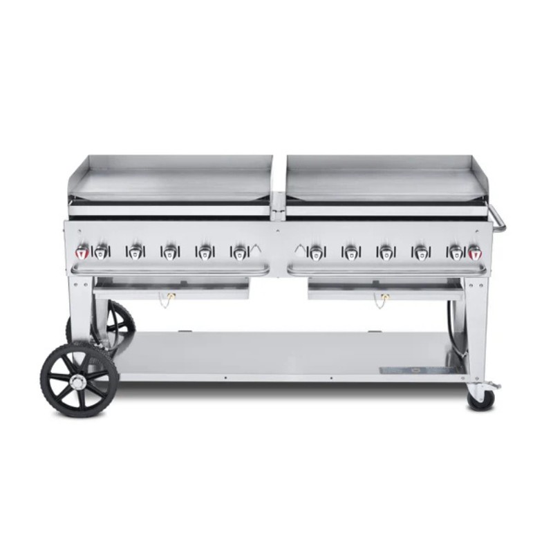 88ee7edb-2547-4f29-a7c5-f0fa37ae0fe6.jpg Commercial stainless steel griddle with dual cooking surfaces and multiple burners, designed for outdoor grilling and catering, featuring wheels for mobility.