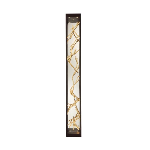 Slim vertical light fixture with a modern design featuring golden branch-like accents against a clear background, ideal for contemporary decor.