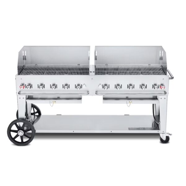Stainless steel double grill with multiple burners and wheels for easy mobility, ideal for outdoor cooking and barbecues.