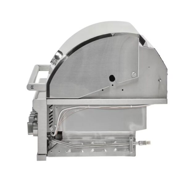 Stainless steel outdoor grill featuring a rounded lid and side handles, designed for efficient cooking and durability.