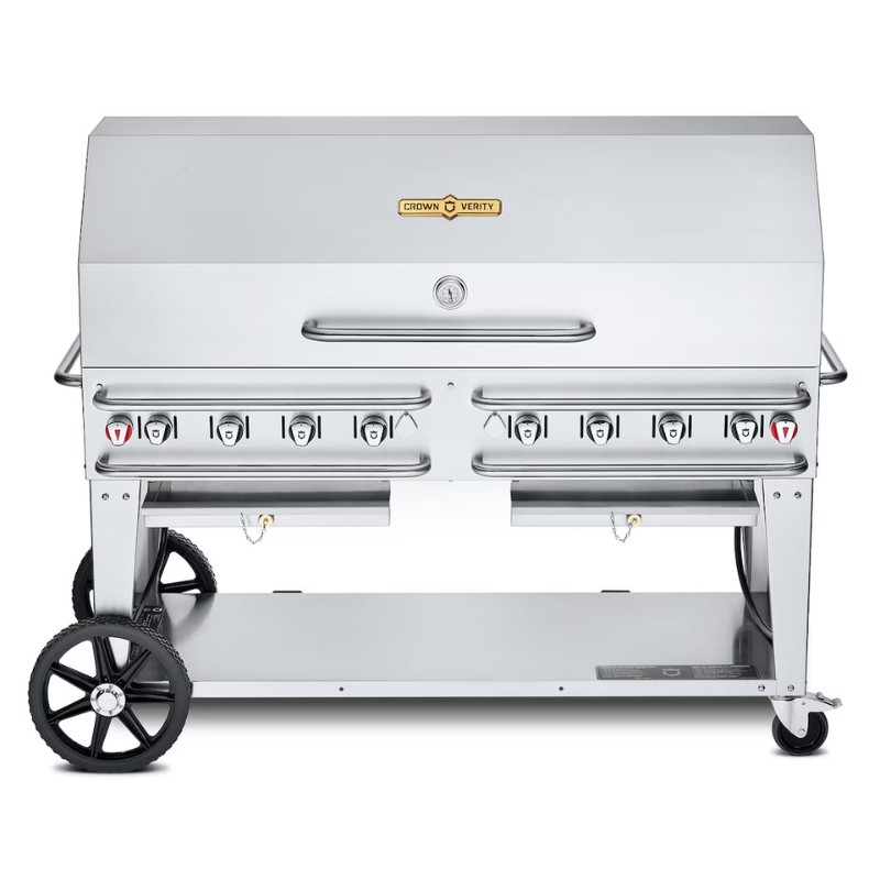 8e2ec56b-7bf3-4fc5-90b1-25f14436304b.jpg Stainless steel outdoor gas grill with multiple burners, side shelves, and wheels for mobility. Ideal for barbecues and outdoor cooking.