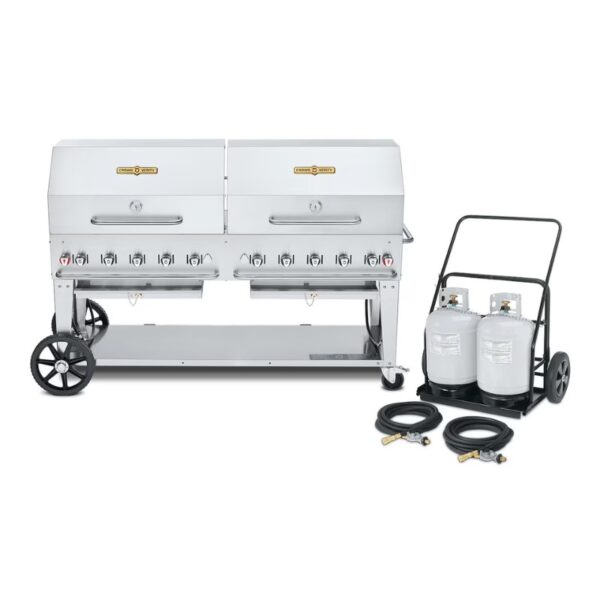 Stainless steel double grill with multiple burners and a propane tank cart featuring two propane tanks and connecting hoses. Ideal for outdoor cooking and barbecues.