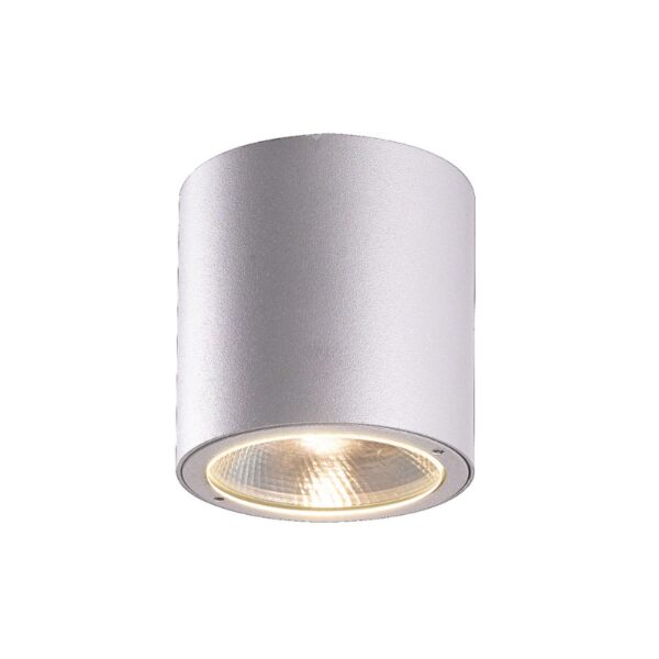 Modern silver cylindrical ceiling light fixture with a recessed bulb, ideal for contemporary interior design.