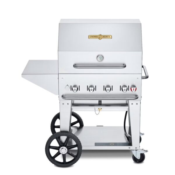 Stainless steel outdoor grill with four burners, side shelf, and large wheels for mobility.