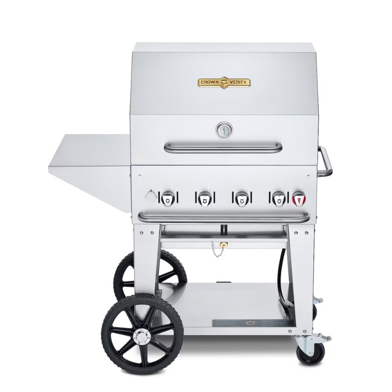 Stainless steel outdoor grill with four burners, side shelf, and large wheels for mobility.