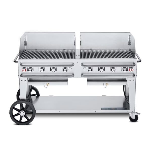 Stainless steel double gas grill with multiple burners and wheels for easy mobility. Ideal for outdoor cooking and barbecues.