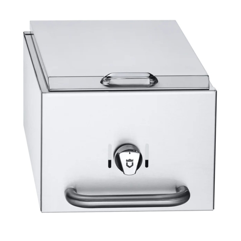 Stainless steel outdoor kitchen drawer with a handle and temperature control knob.