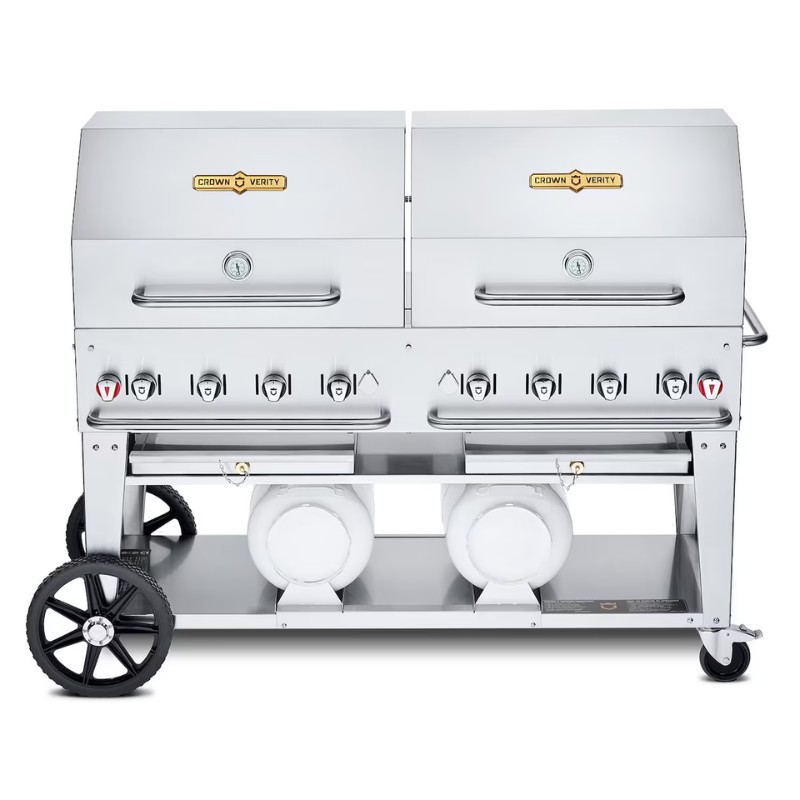 93a56991-b52d-4e68-9710-f2fde61099f9.jpg Stainless steel commercial gas grill with dual cooking surfaces, multiple burners, and propane tank storage on wheels for easy mobility.