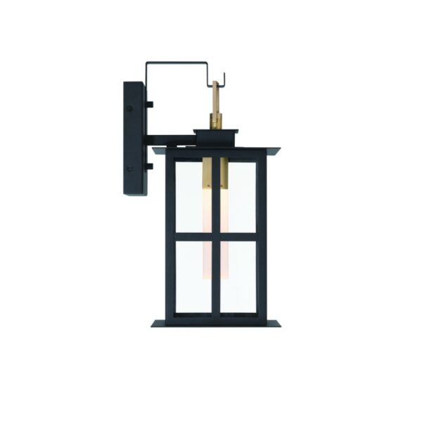 Black outdoor lantern with a minimalist design featuring a glass panel and brass accents, ideal for modern or contemporary exterior decor.