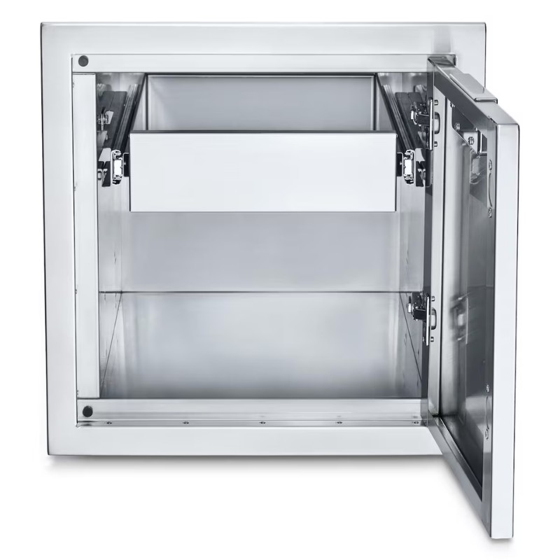 Stainless steel outdoor kitchen refrigerator showcasing an open door, revealing a spacious interior and a pull-out drawer for easy access and organization.