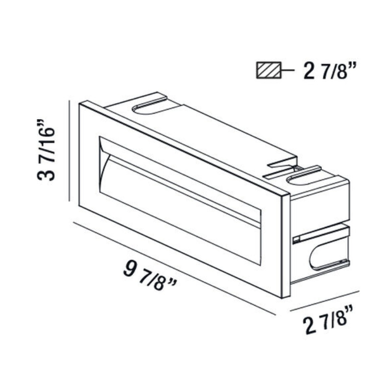 Diagram of a rectangular recessed drawer pull with dimensions: 9 7/8 inches long, 3 7/16 inches wide, and 2 7/8 inches deep.