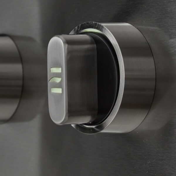 Close-up of a modern stainless steel control knob with illuminated indicators, set against a dark background, showcasing a sleek, minimalist design.